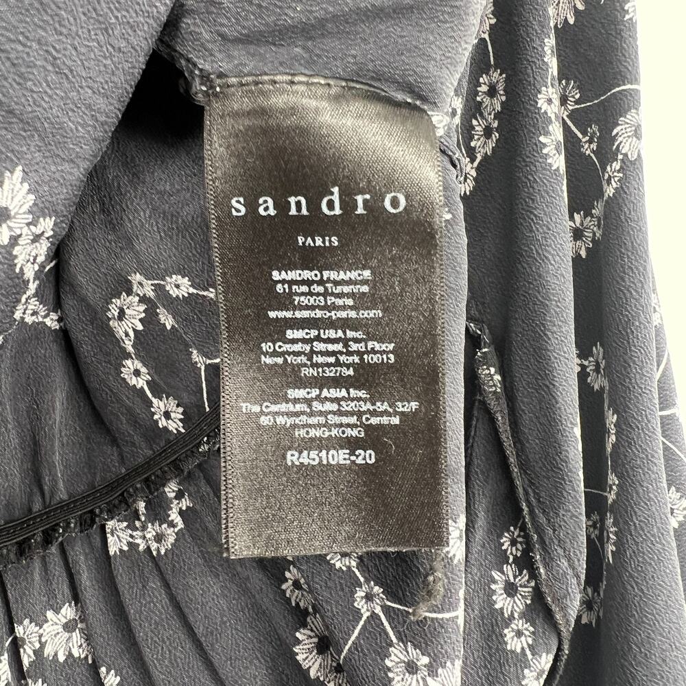 Sandro Dress Womens 2 Black Mini Boho Peace Flowers Silk Hippie Fairy Grunge - Picture 6 of 12